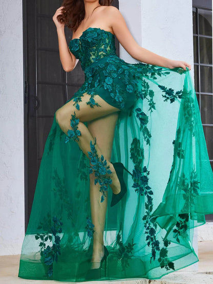 A Line Strapless Tulle Floor-Length Evening Dress with Flowers
