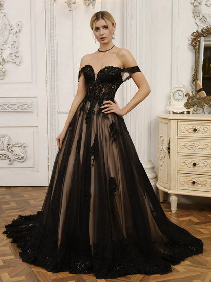 Off-The-Shoulder Tulle Ball Gown Wedding Dresses With Beading