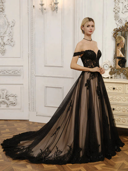 Off-The-Shoulder Tulle Ball Gown Wedding Dresses With Beading