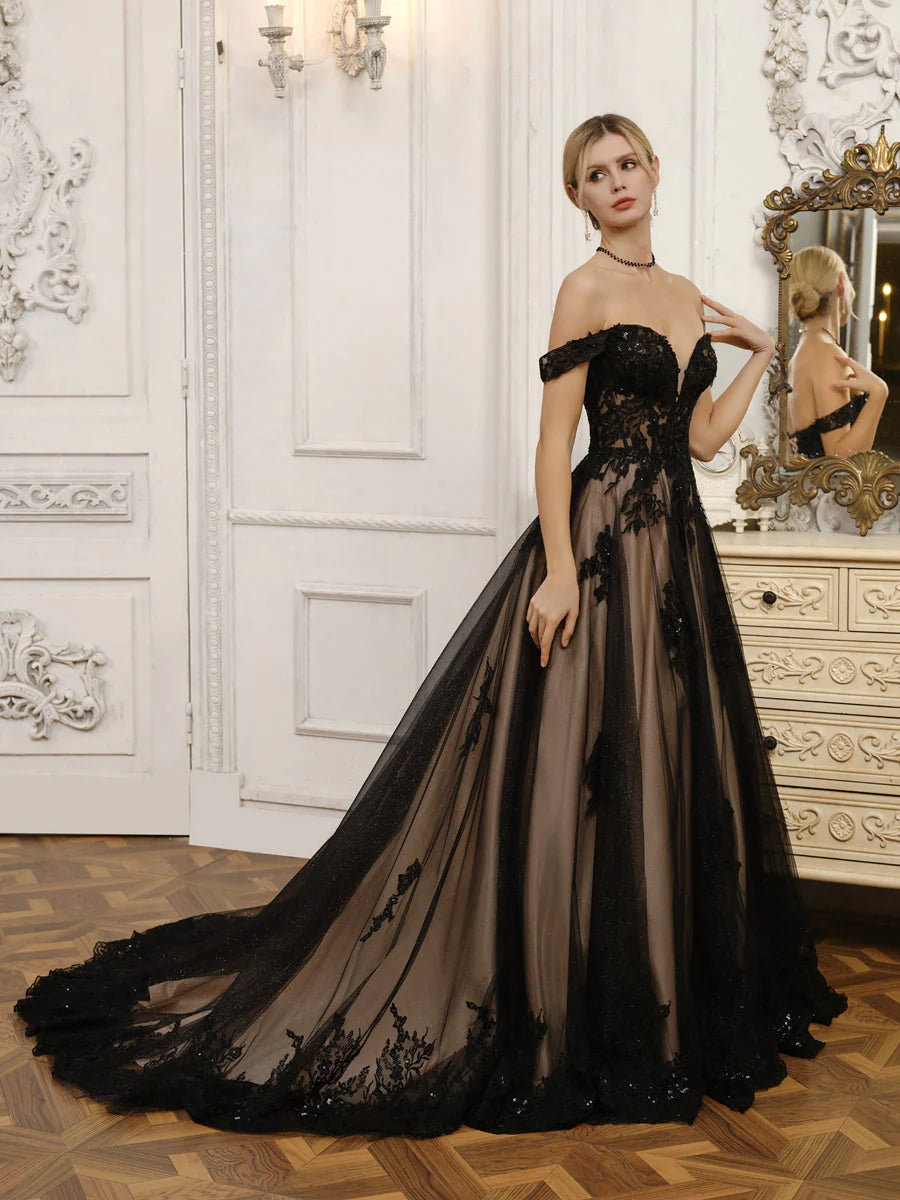 Off-The-Shoulder Tulle Ball Gown Wedding Dresses With Beading