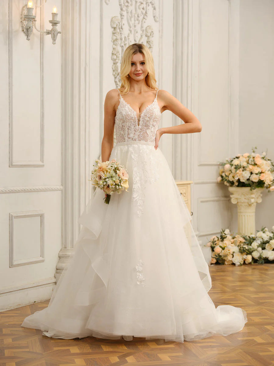Spaghetti Straps V-Neck Sleeveless Long Wedding Dresses With Appliques