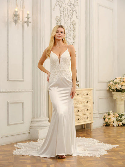 Trumpet/Mermaid Spaghetti Straps Sleeveless Long Wedding Dresses With Appliques