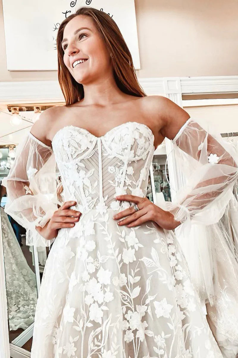 Ivory Lace A-Line Detachable Long Sleeves Corset Sweetheart Wedding Dress