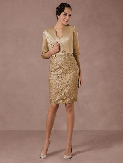 Party Dress Suits Lace Illusion Cocktail Dress With Long Sleeves Jacket Mother of the Bride Dresse Wedding Guest Dress