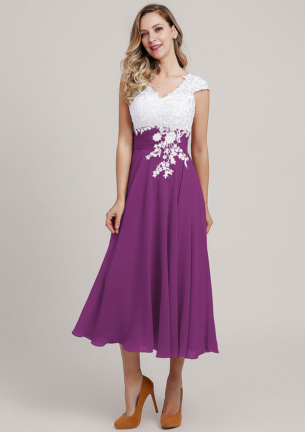 Chiffon Mother of the Bride Dress A-line/Princess V Neck Short Sleeve Tea-Length With Lace