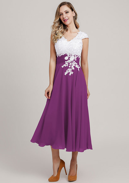 Chiffon Mother of the Bride Dress A-line/Princess V Neck Short Sleeve Tea-Length With Lace