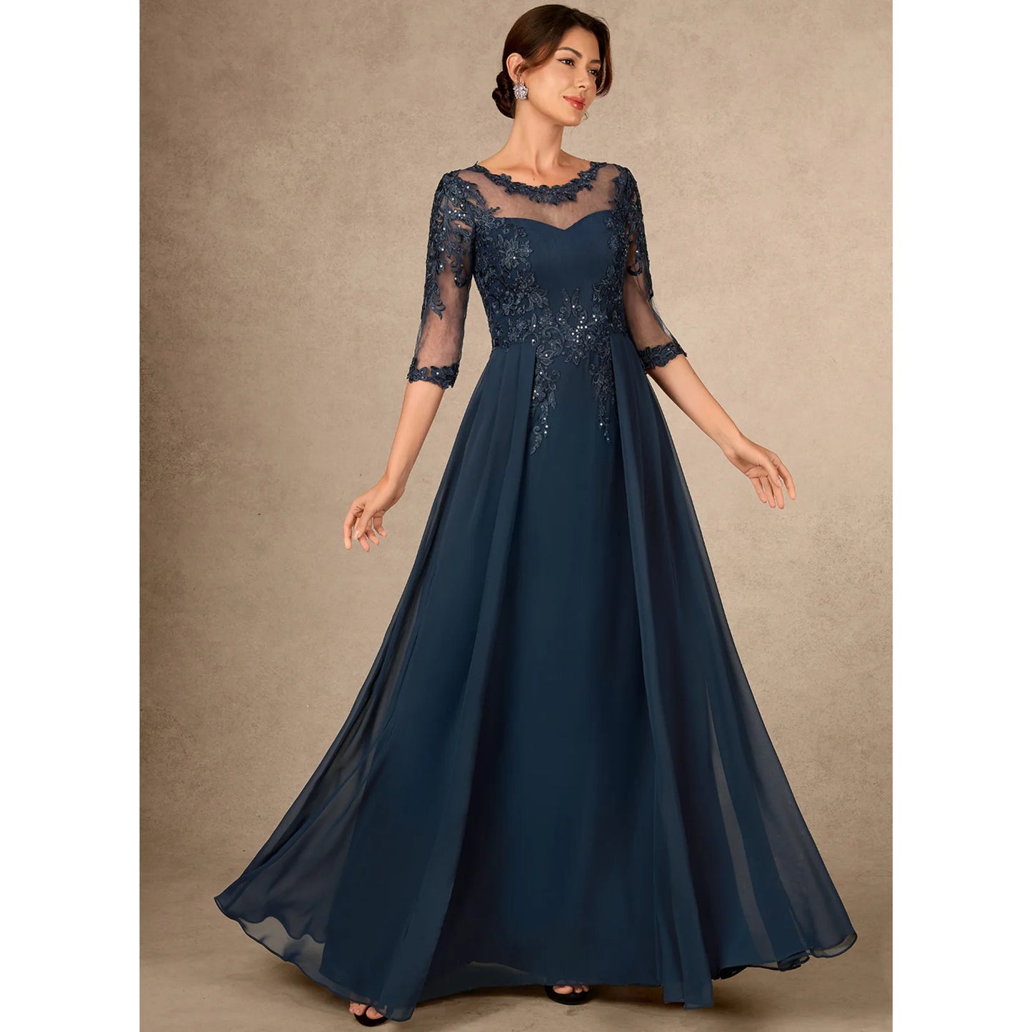 A-Line Boat Neck Three-Quarter Sleeve Sequin Dark Navy Floor-Length Mother of the Bride Gown