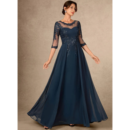 A-Line Boat Neck Three-Quarter Sleeve Sequin Dark Navy Floor-Length Mother of the Bride Gown
