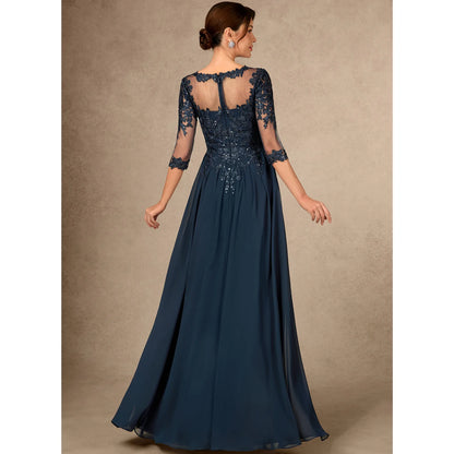 A-Line Boat Neck Three-Quarter Sleeve Sequin Dark Navy Floor-Length Mother of the Bride Gown