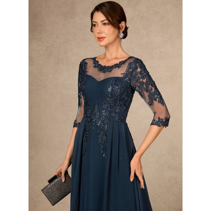 A-Line Boat Neck Three-Quarter Sleeve Sequin Dark Navy Floor-Length Mother of the Bride Gown
