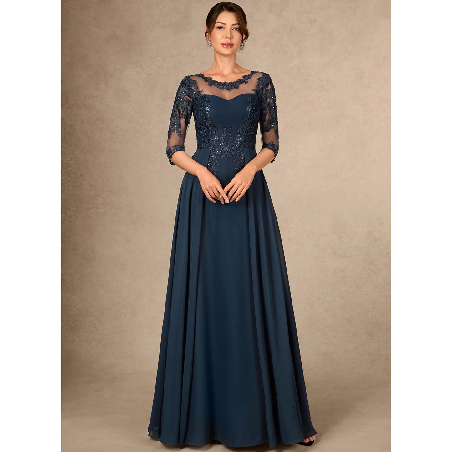 A-Line Boat Neck Three-Quarter Sleeve Sequin Dark Navy Floor-Length Mother of the Bride Gown