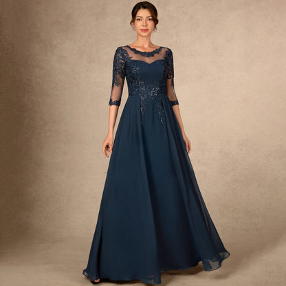 A-Line Boat Neck Three-Quarter Sleeve Sequin Dark Navy Floor-Length Mother of the Bride Gown