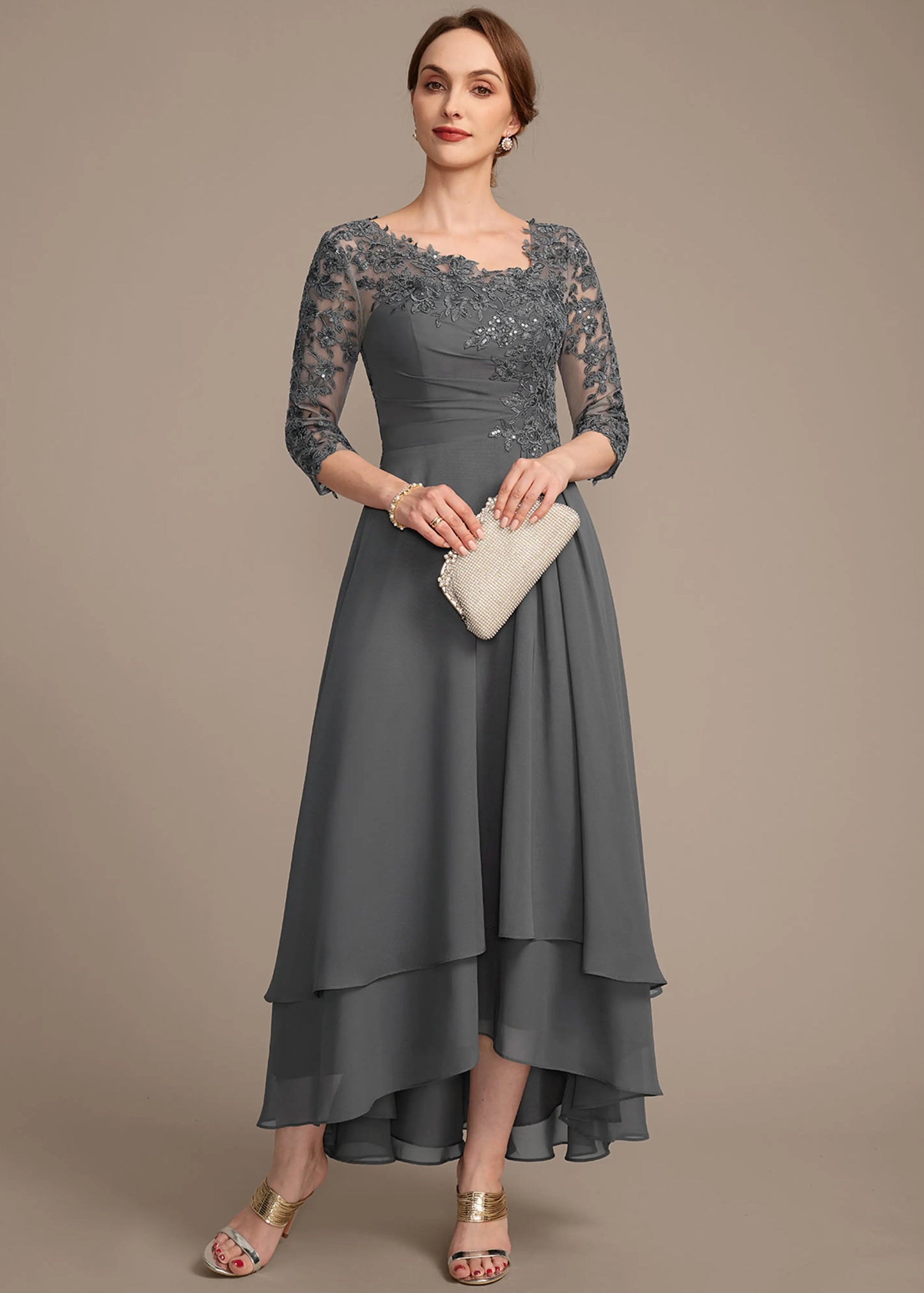 A-Line Scoop Neck Three-Quarter Sleeve Embellished Grey High-Low Mother Of The Bride Dress