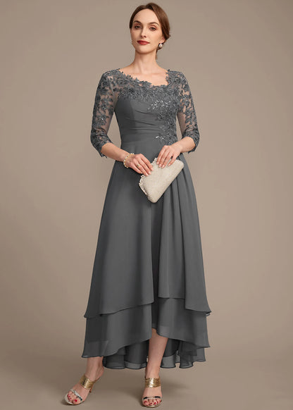A-Line Scoop Neck Three-Quarter Sleeve Embellished Grey High-Low Mother Of The Bride Dress