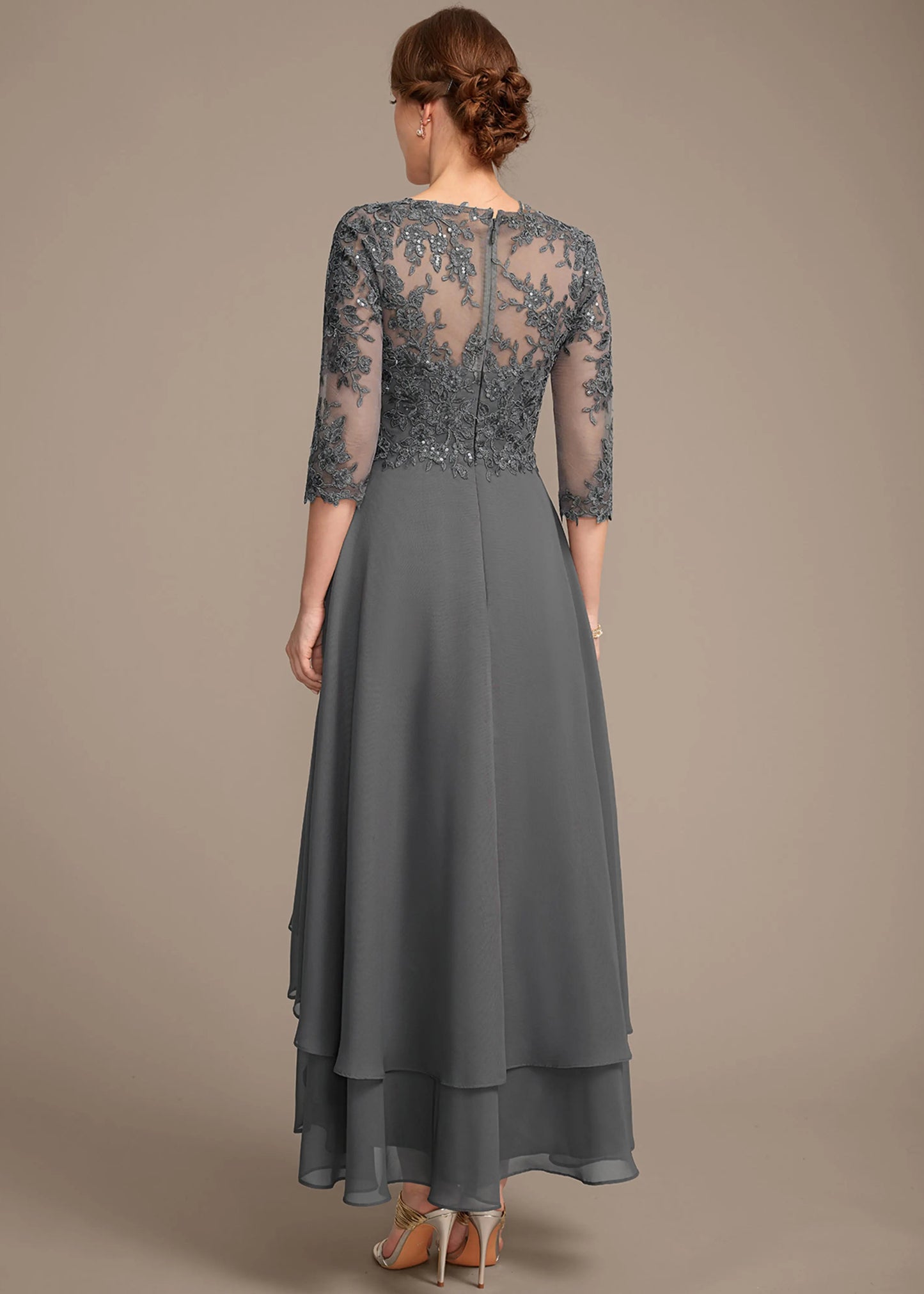 A-Line Scoop Neck Three-Quarter Sleeve Embellished Grey High-Low Mother Of The Bride Dress