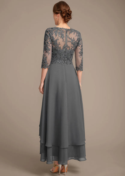 A-Line Scoop Neck Three-Quarter Sleeve Embellished Grey High-Low Mother Of The Bride Dress