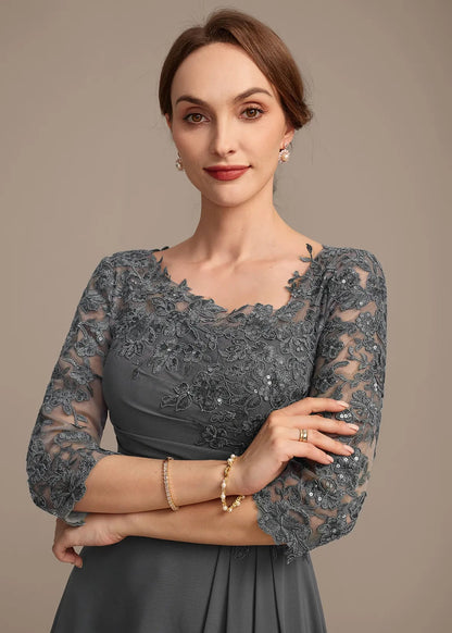 A-Line Scoop Neck Three-Quarter Sleeve Embellished Grey High-Low Mother Of The Bride Dress