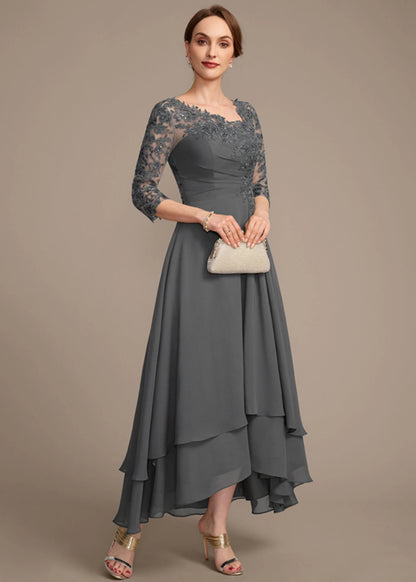 A-Line Scoop Neck Three-Quarter Sleeve Embellished Grey High-Low Mother Of The Bride Dress