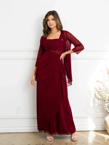 A-Line Square Neck 3/4 Sleeve Embellished Burgundy Floor-Length Mother Of The Bride Dress