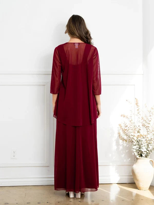 A-Line Square Neck 3/4 Sleeve Embellished Burgundy Floor-Length Mother Of The Bride Dress