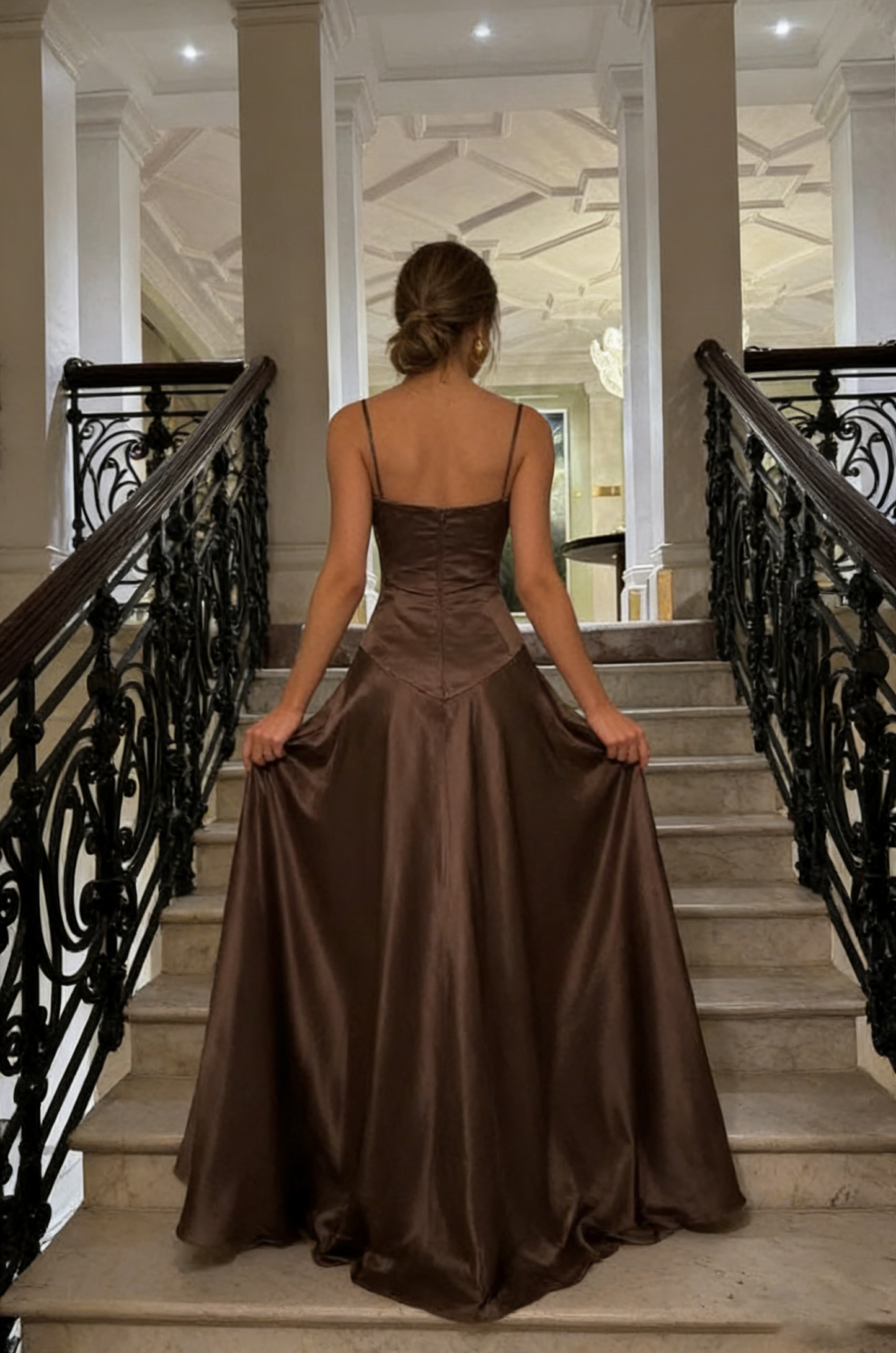 A Line Spaghetti Straps Brown Party Dress with Ruffles