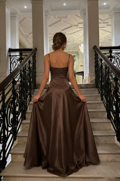 A Line Spaghetti Straps Brown Party Dress with Ruffles