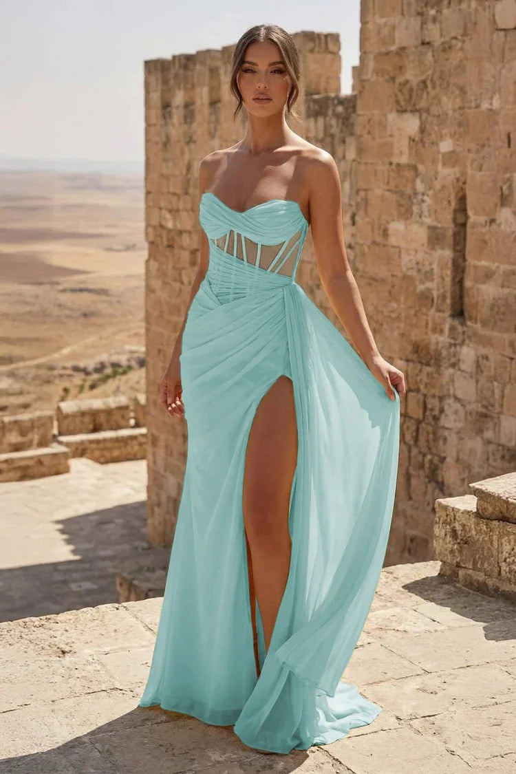 Aqua Blue Strapless Corset Lace Up Back High Slit Prom Dresses
