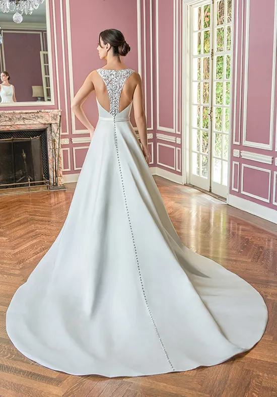 Bateau Neck Satin A-Line Wedding Dress Lace V Open Back With Pockets and Buttons Train