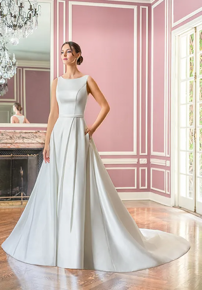 Bateau Neck Satin A-Line Wedding Dress Lace V Open Back With Pockets and Buttons Train