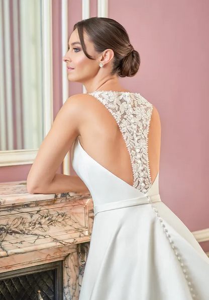 Bateau Neck Satin A-Line Wedding Dress Lace V Open Back With Pockets and Buttons Train