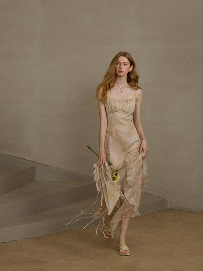 Beige Chiffon Slip Dress Spaghetti Strap Watercolor Print Ruffled Asymmetrical Hem Floor Length Formal Evening Prom Dress