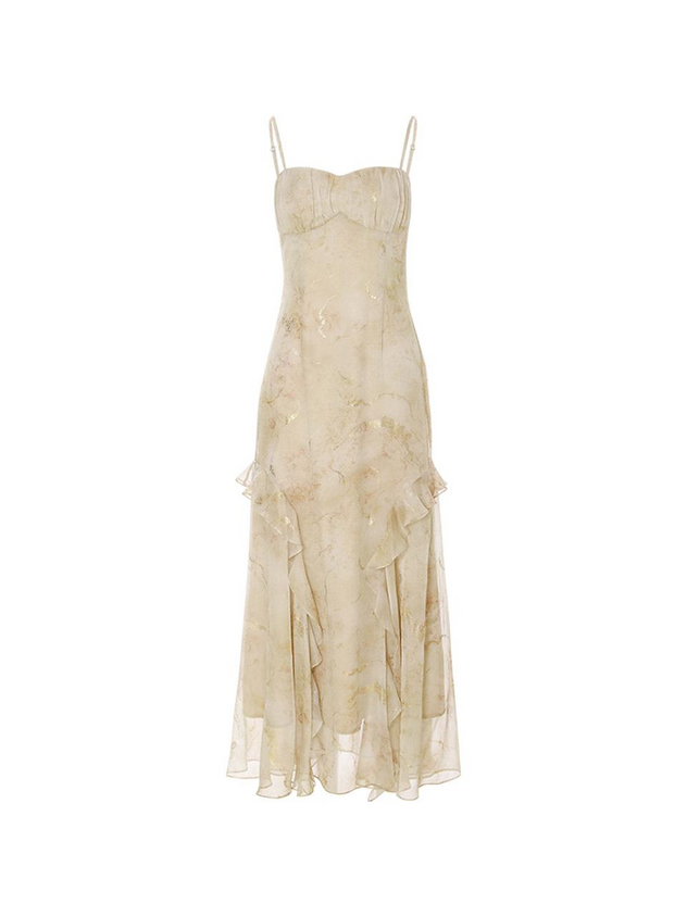 Beige Chiffon Slip Dress Spaghetti Strap Watercolor Print Ruffled Asymmetrical Hem Floor Length Formal Evening Prom Dress