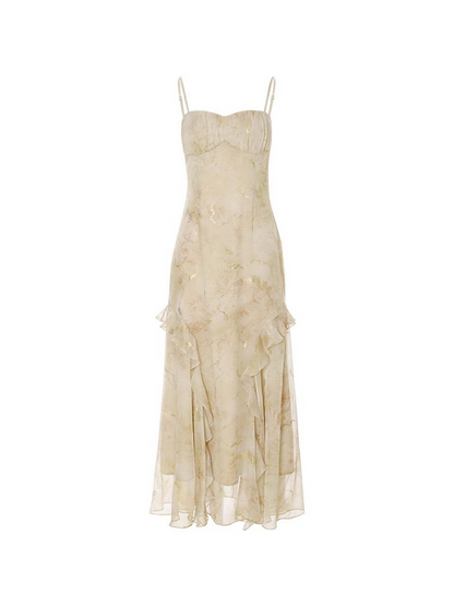 Beige Chiffon Slip Dress Spaghetti Strap Watercolor Print Ruffled Asymmetrical Hem Floor Length Formal Evening Prom Dress