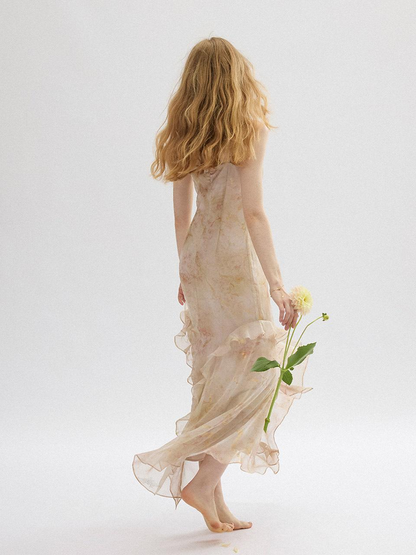 Beige Chiffon Slip Dress Spaghetti Strap Watercolor Print Ruffled Asymmetrical Hem Floor Length Formal Evening Prom Dress