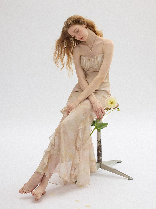 Beige Chiffon Slip Dress Spaghetti Strap Watercolor Print Ruffled Asymmetrical Hem Floor Length Formal Evening Prom Dress