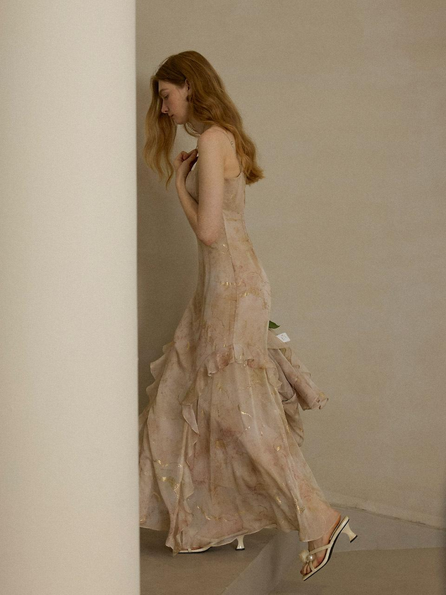Beige Chiffon Slip Dress Spaghetti Strap Watercolor Print Ruffled Asymmetrical Hem Floor Length Formal Evening Prom Dress