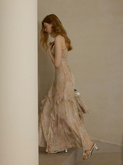 Beige Chiffon Slip Dress Spaghetti Strap Watercolor Print Ruffled Asymmetrical Hem Floor Length Formal Evening Prom Dress