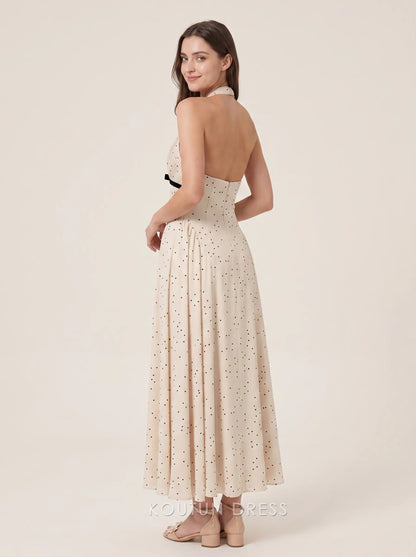 Beige Halter Neck V Neck Polka Dot Print Black Velvet Bow Detail Chiffon A-Line Floor Length Formal Evening Prom Dress