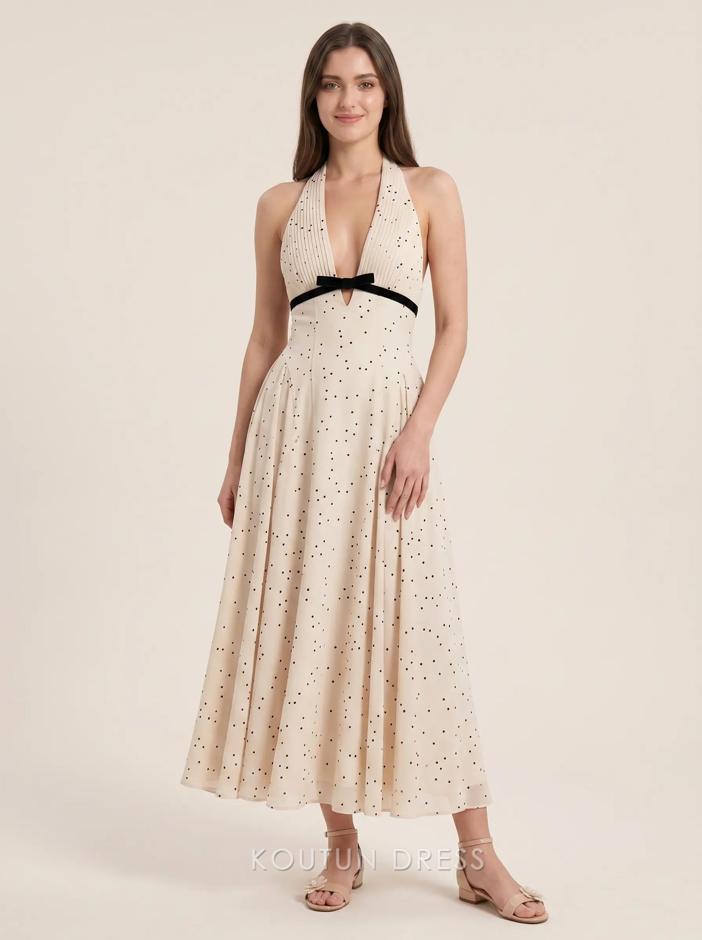 Beige Halter Neck V Neck Polka Dot Print Black Velvet Bow Detail Chiffon A-Line Floor Length Formal Evening Prom Dress