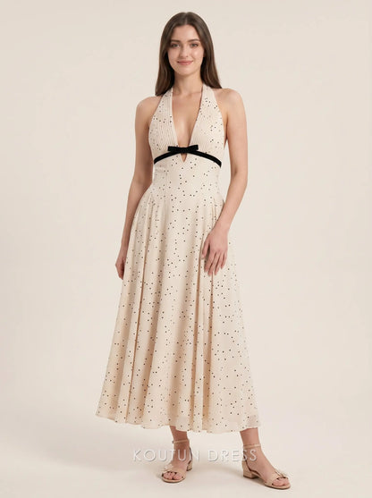 Beige Halter Neck V Neck Polka Dot Print Black Velvet Bow Detail Chiffon A-Line Floor Length Formal Evening Prom Dress