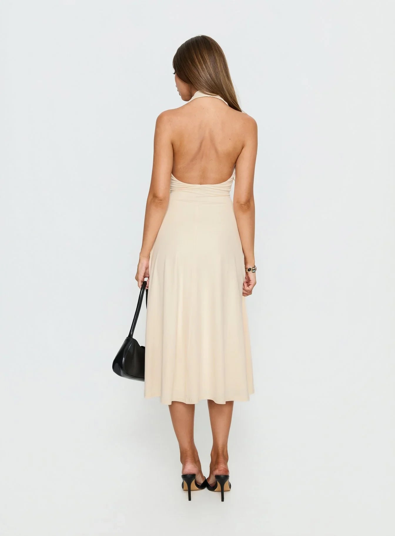 Beige Halter Prom Dress with Deep V Neckline and Flowy Midi Skirt for Formal Events and Prom Nights