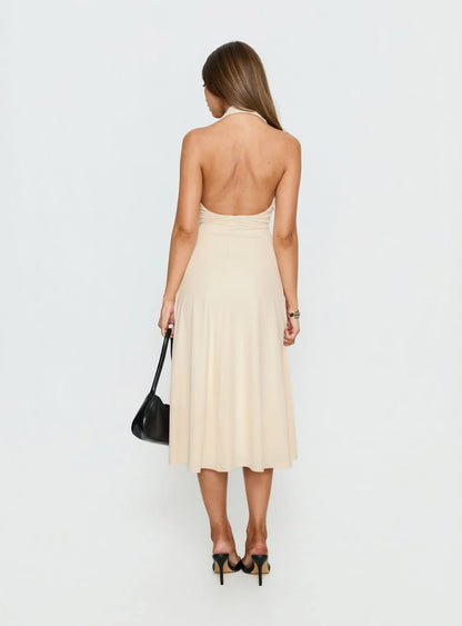 Beige Halter Prom Dress with Deep V Neckline and Flowy Midi Skirt for Formal Events and Prom Nights