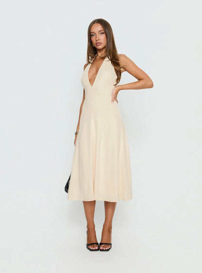 Beige Halter Prom Dress with Deep V Neckline and Flowy Midi Skirt for Formal Events and Prom Nights