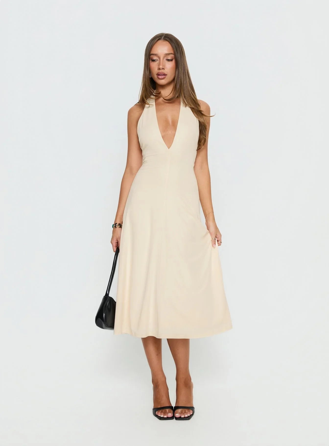 Beige Halter Prom Dress with Deep V Neckline and Flowy Midi Skirt for Formal Events and Prom Nights