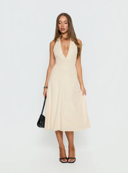 Beige Halter Prom Dress with Deep V Neckline and Flowy Midi Skirt for Formal Events and Prom Nights