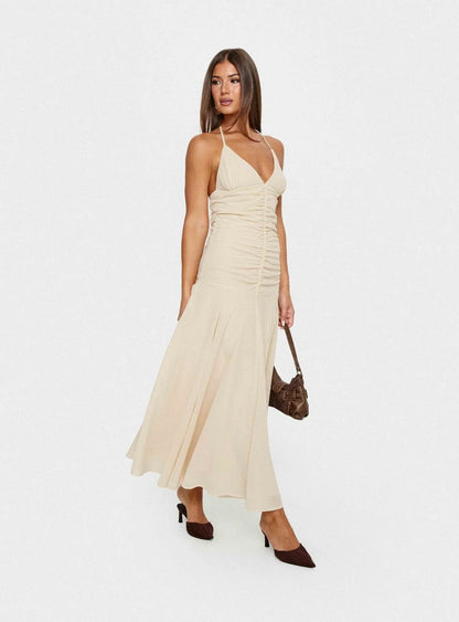 Beige Halter Prom Dress with Ruched Bodice and Flowy Mermaid Skirt for Formal Events and Prom Nights