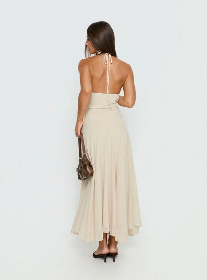 Beige Halter Prom Dress with Ruched Bodice and Flowy Mermaid Skirt for Formal Events and Prom Nights