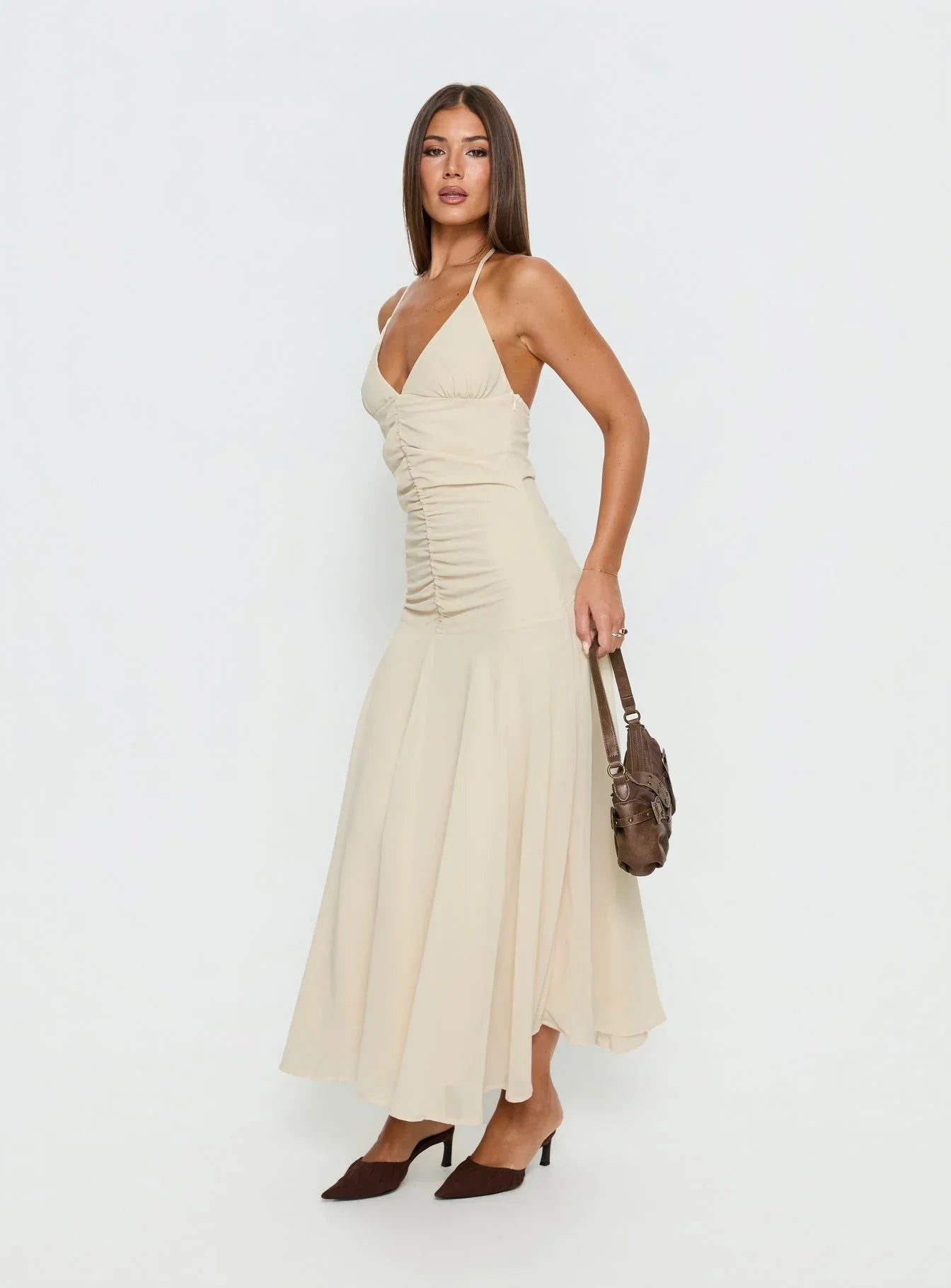Beige Halter Prom Dress with Ruched Bodice and Flowy Mermaid Skirt for Formal Events and Prom Nights