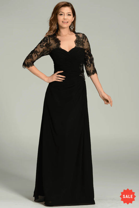 Black 3/4 Sleeve Lace Sheer Back Ruched Chiffon Maxi Evening Dress