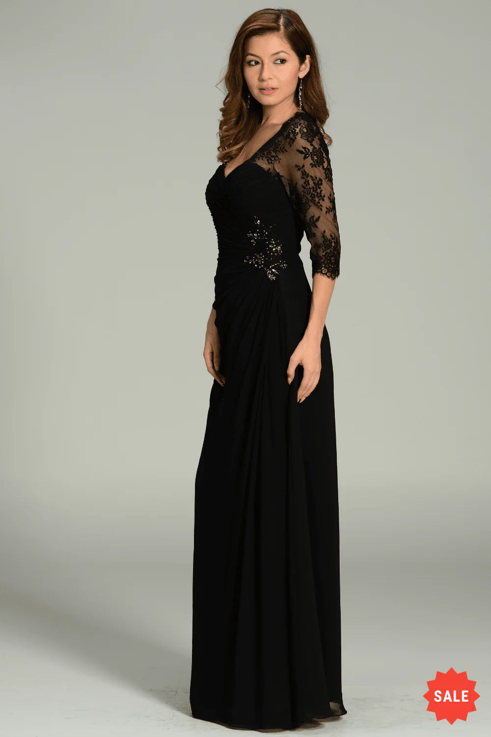 Black 3/4 Sleeve Lace Sheer Back Ruched Chiffon Maxi Evening Dress